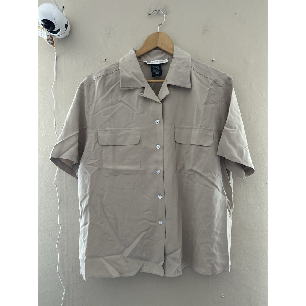 VTG Jessica Holbrook 100% Silk Button Up‎ Blouse Size M Beige Old Money Preppy
